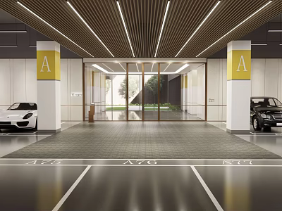Modern Parking Garage Entrance With White Black Cars And Columns Marked A And Glass Doors 3d model