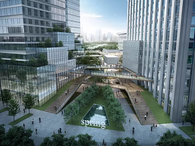 Modern Office Building With Glass Curtain Walls Atrium Open Space Greenery Skybridge And Pedestrians 3d model