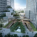 Modern Office Building With Glass Curtain Walls Atrium Open Space Greenery Skybridge And Pedestrians