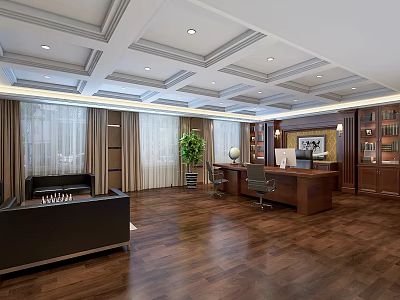 Elegant Office Interior With Wooden Flooring Brown Desk Bookshelves Sofa And Green Plant 3d model