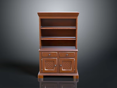 Traditional Dark Brown Wooden Cabinet With Open Shelves Drawers And Carved Doors 3d model