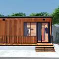 Modern Wooden Hotel Room With Black Frame Balcony Wooden Steps And Green Plants