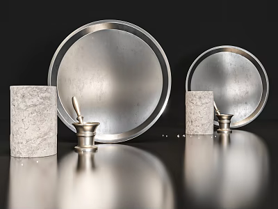 Modern Decorative Ornament Set with Silver Trays Stone Cylinders and Mortar Pestle 3d model