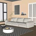 Beige Three Seater Sofa In Modern Living Room With Linen Decorative Wall Art And Plants