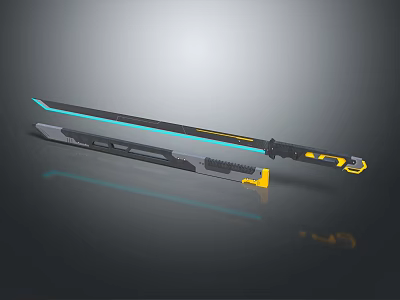Modern Futuristic Sword With Glowing Blue Stripes Yellow Accents And Black Metallic Handle 3d model