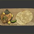 Fried Fish Served On Wooden Board With Fresh Vegetables And Flatbreads