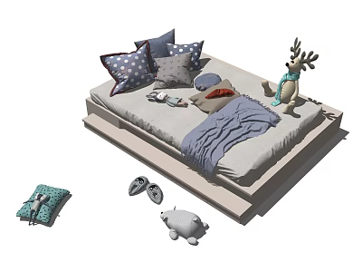 Cozy Bedroom Setup With Pillows Blanket Reindeer Toy Slippers Bear Doll And Cushion 3d model