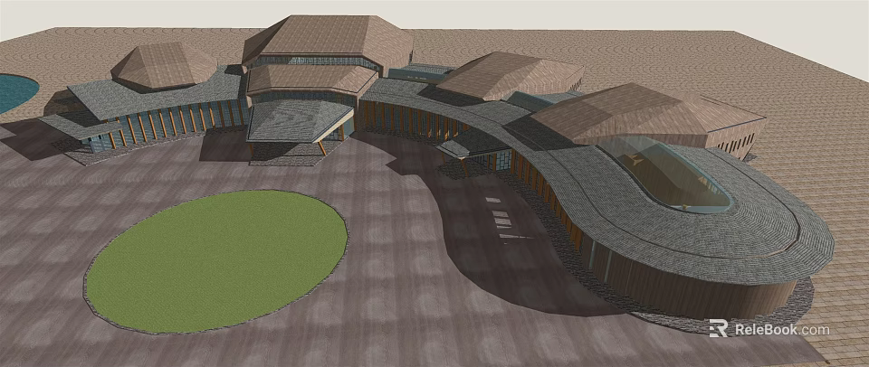Wooden House Complex With Sloped Roofs Circular Grass Area And Stone Paved Courtyard 3d model 