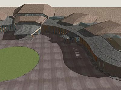 Wooden House Complex With Sloped Roofs Circular Grass Area And Stone Paved Courtyard 3d model