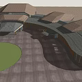Wooden House Complex With Sloped Roofs Circular Grass Area And Stone Paved Courtyard