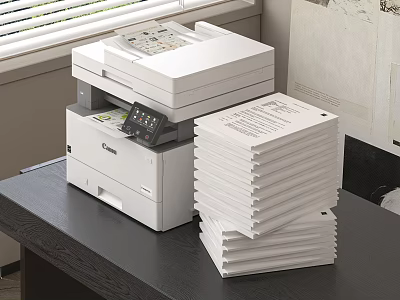 Efficient White Multifunction Office Appliance With Stacked Papers On Office Desk 3d model