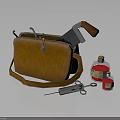 Brown Leather Bag With Wooden Handle Knife Red Bottles Syringe And Metal Tools