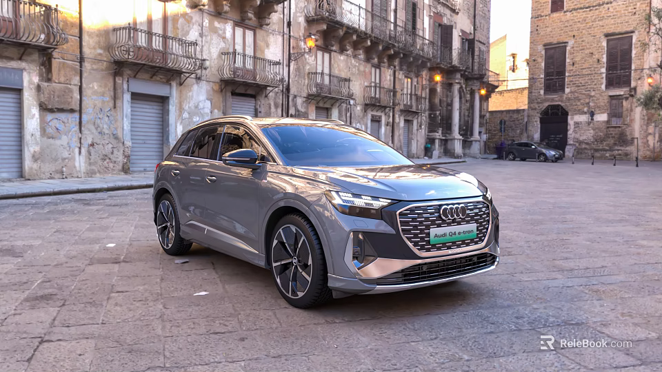 Gray Audi Electric SUV With Modern Design Parked On Historic City Street 3d model 