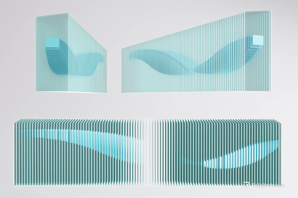 Modern Sculptural Art with Geometric Shapes Blue Green Hues Striped Patterns and Wave Structures 3d model 