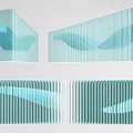 Modern Sculptural Art with Geometric Shapes Blue Green Hues Striped Patterns and Wave Structures
