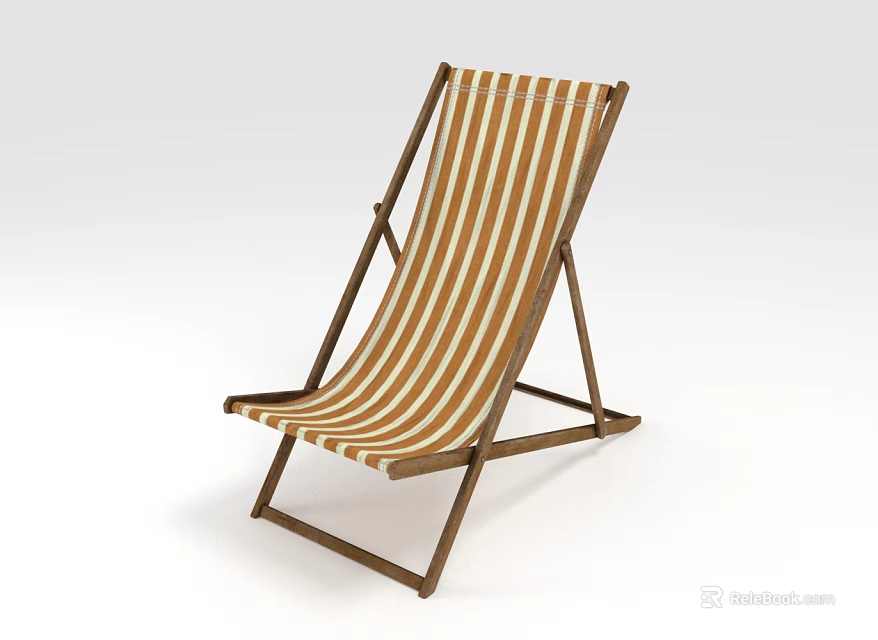 Comfortable Striped Folding Lounge Chair With Wooden Frame And Canvas Fabric Design 3d model 