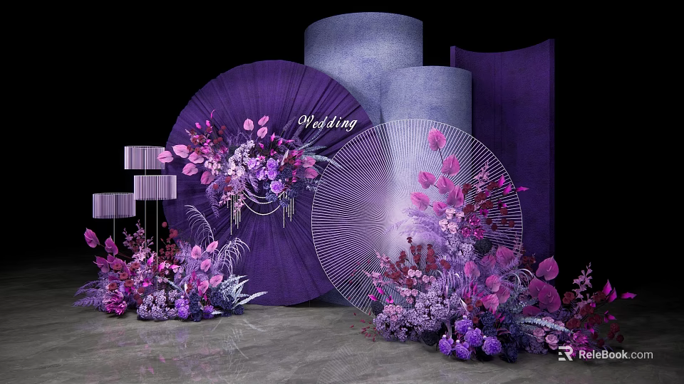 Elegant Wedding Decor Featuring Purple Circular Screen Scrolls And Floral Arrangements 3d model