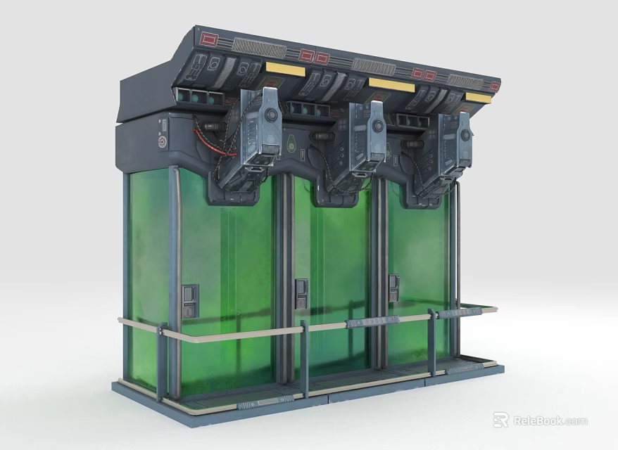 Modern Industrial Console 3D Model with Green Panels Black Components and Metal Shelf 3d model 