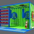 Interactive Zone Featuring Blue Green Enclosure Red Balls on Shelves and WOW Sign
