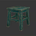 Rustic Distressed Turquoise Green Wooden Stool With Square Seat And Four Legs