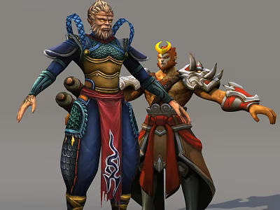 Two Game Movie Characters in Blue Gold Armor with Red Sash Yellow Crown and Scroll 3d model