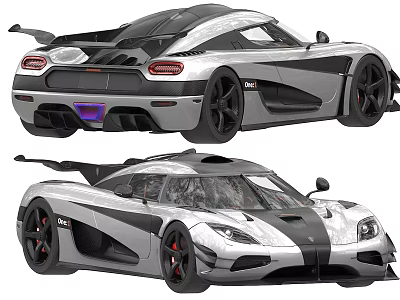 Sleek Silver Black Sports Car With Large Rear Spoiler Sporty Wheels And Carbon Fiber 3d model