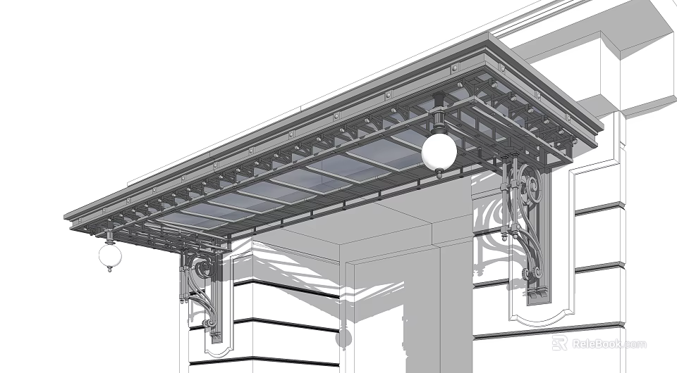 Decorative Glass Awning With Metal Brackets For Exterior Building Entrance 3d model 