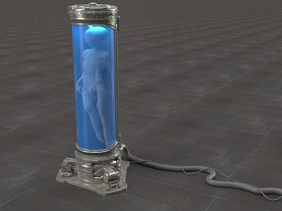 Transparent Cylindrical Container With Blue Liquid And Human Figure Model On Metal Base With Cable 3d model
