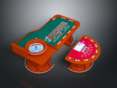 Wooden Gambling Table Set With Green Felt Roulette Wheel And Red Semicircular Poker Table 3d model