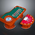 Wooden Gambling Table Set With Green Felt Roulette Wheel And Red Semicircular Poker Table