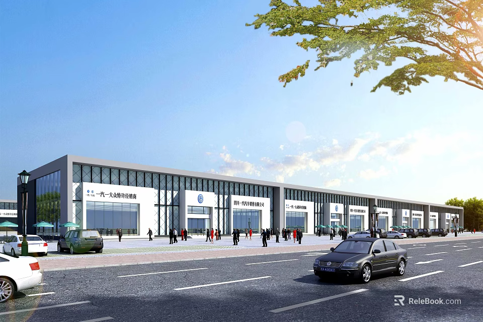 Modern Industrial Factory Building With Glass Facade Surrounding Road Vehicles And Pedestrians 3d model 