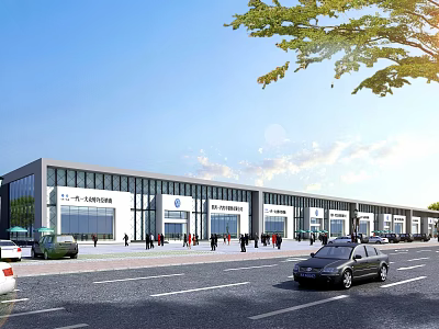 Modern Industrial Factory Building With Glass Facade Surrounding Road Vehicles And Pedestrians 3d model