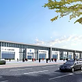 Modern Industrial Factory Building With Glass Facade Surrounding Road Vehicles And Pedestrians