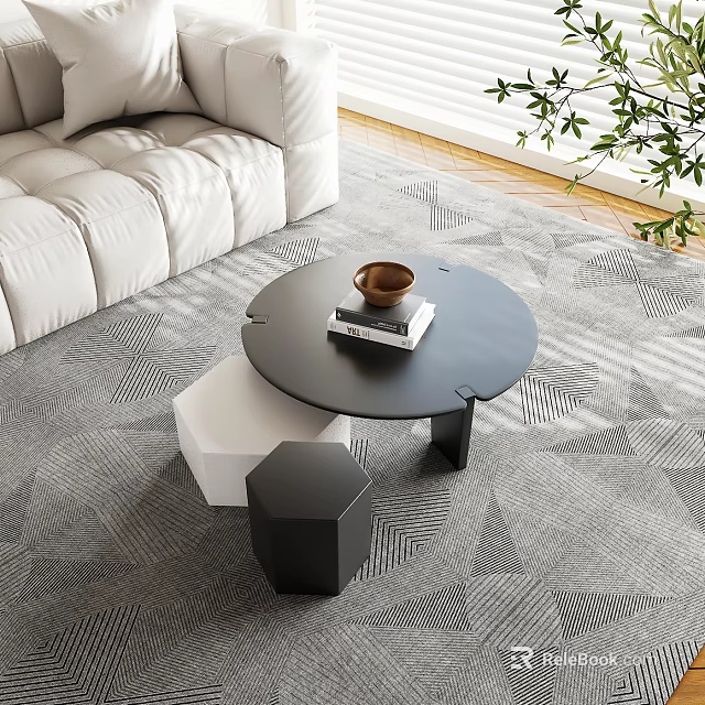 Modern Round Black Coffee Table With Books Sofa Geometric Rug And Plants In Living Room 3d model 