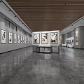 Modern Exhibition Hall Interior With Wooden Slat Ceiling Framed Artworks And Reception Desk