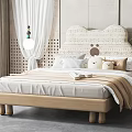 Double Bed with Beige Frame Woven Headboard Cartoon Elements and Pillows