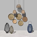 Woven Rattan Lighting Combinations With Natural And Blue Pendant Lamps And Round Shades