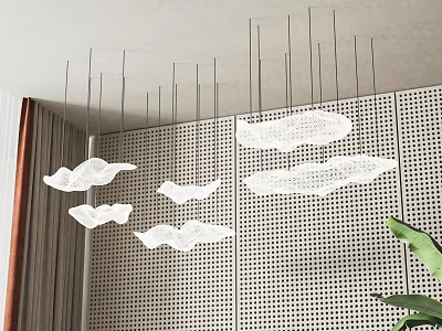 Modern Cloud Shaped Chandeliers Hanging In Interior With Perforated Panel Wall 3d model