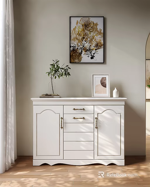 White Entryway Console Side Cabinet with Green Plant Photo Frame Vase and Wall Art Decor 3d model 