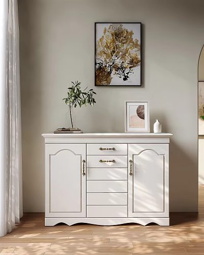 White Entryway Console Side Cabinet with Green Plant Photo Frame Vase and Wall Art Decor 3d model