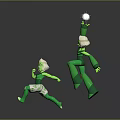 Two Small and Large Green Characters Running Jumping Holding White Ball