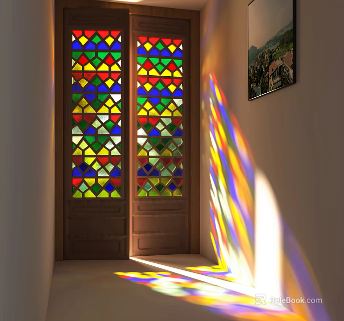 Vintage Wooden Double Doors With Stained Glass Panels And Colorful Light Patterns In Interior Hallway 3d model 
