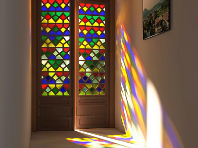 Vintage Wooden Double Doors With Stained Glass Panels And Colorful Light Patterns In Interior Hallway 3d model