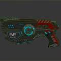Futuristic Sci Fi Gun with Red Black Body Blue Glowing Accents and Number 66 Detail
