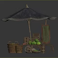 Cartoon Fruit Stall Scene With Blue Umbrella Wooden Chair Green Sign And Watermelon Baskets
