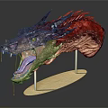 Realistic Dragon Head Sculpture With Red Scales Open Mouth Sharp Fangs And White Stand