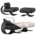 Modern Black and Beige Single Sofa with Curved Metal Frame and Ottoman