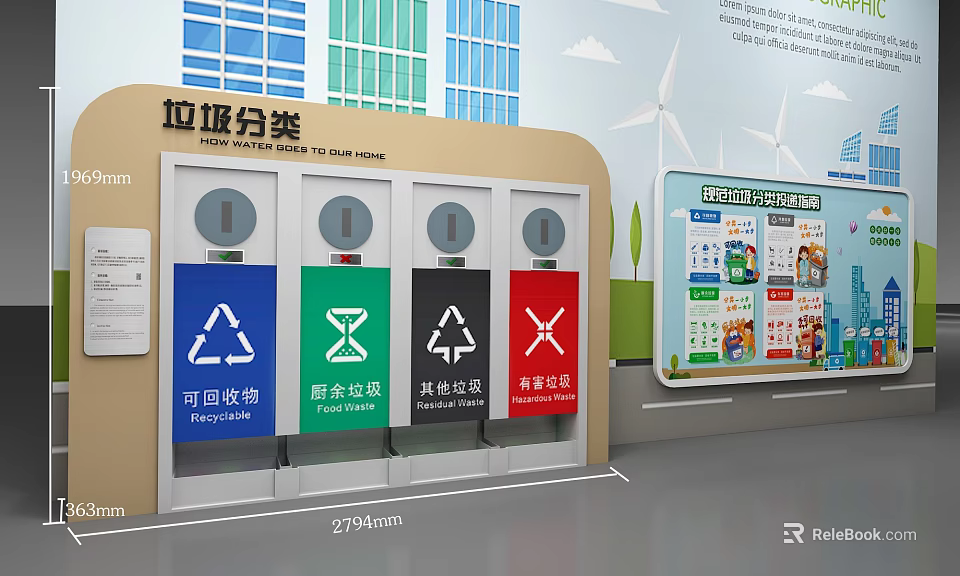 Waste Sorting Station With Color Coded Bins Recyclable Kitchen Other Hazardous Waste And Wind Turbines 3d model 