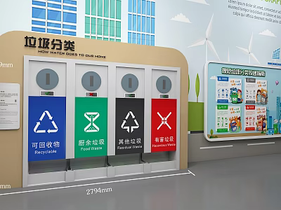 Waste Sorting Station With Color Coded Bins Recyclable Kitchen Other Hazardous Waste And Wind Turbines 3d model