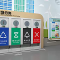 Waste Sorting Station With Color Coded Bins Recyclable Kitchen Other Hazardous Waste And Wind Turbines